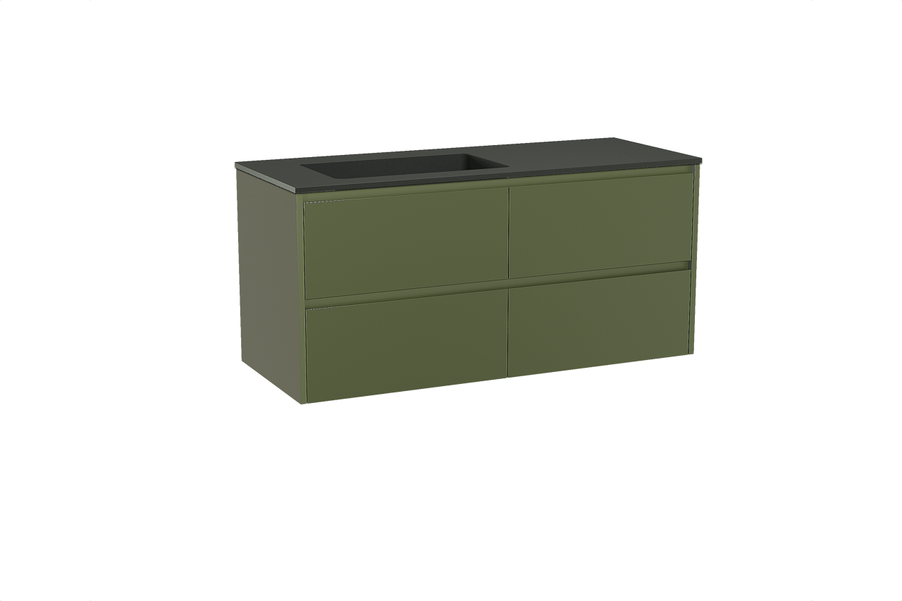 Storke Seda meuble salle de bains suspendu 130 x 52 cm vert olive avec Scuro vasque asymétrique gauche en quartz noir mat