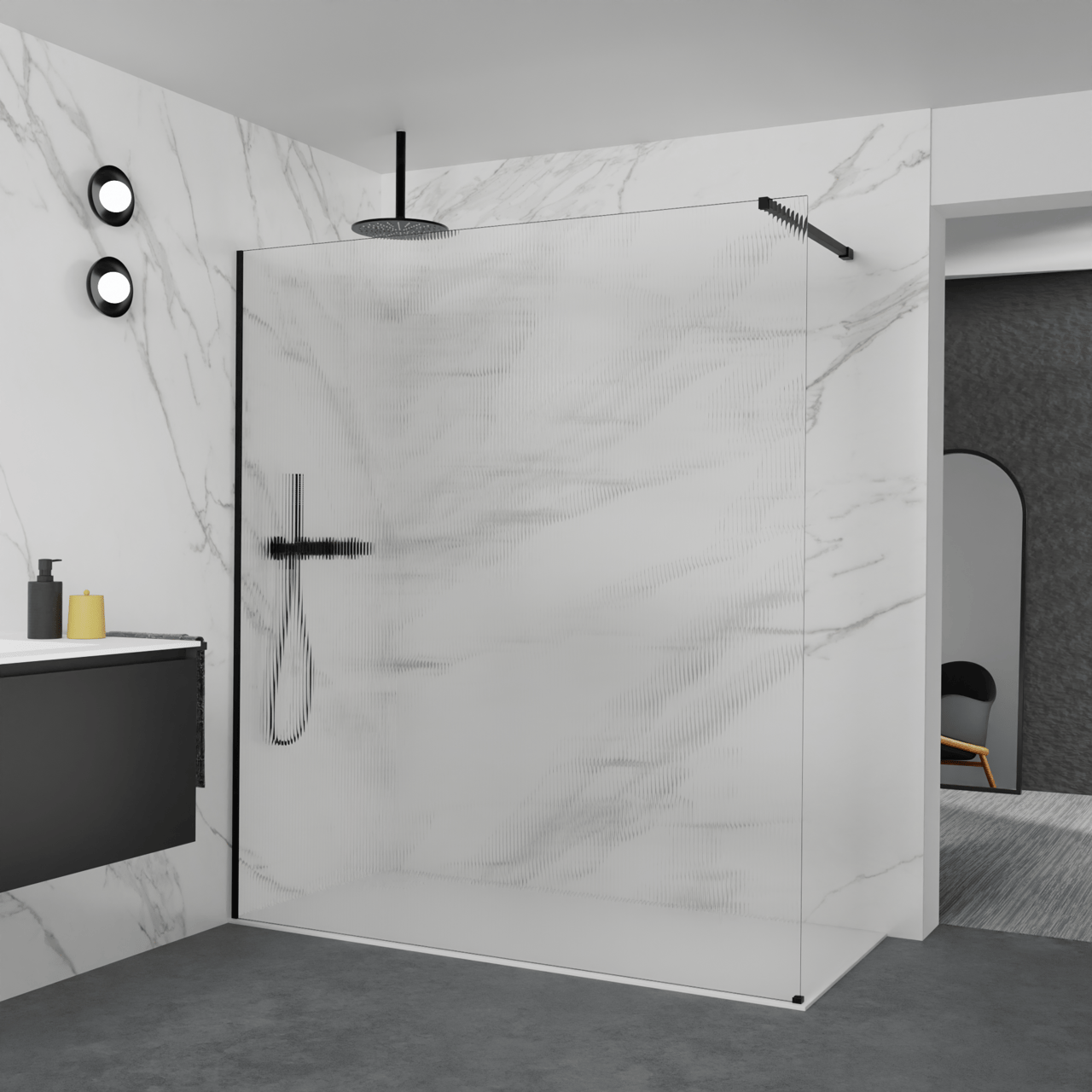 Balmani Modular Walk-In Dusche: 180 x 200 cm, Ribs, inklusive Coating, Profil Schwarz matt