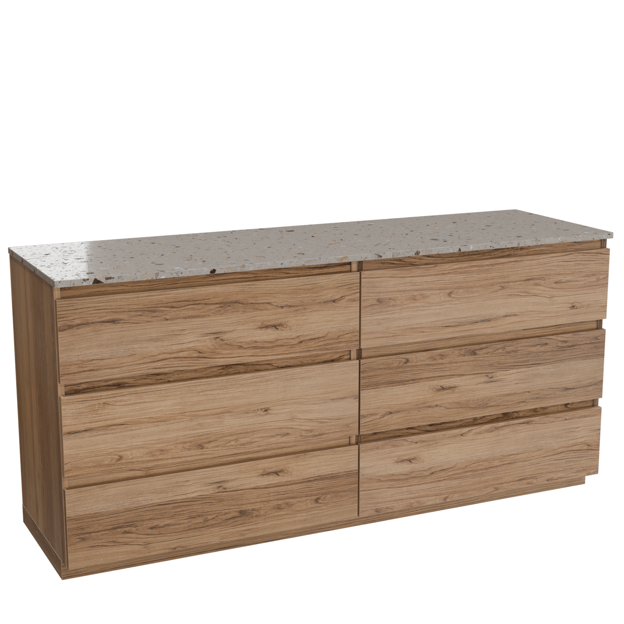 Balmani Lucida freistehendes Möbelstück Set: 180 x 55 cm, Teak, mit Stretto Einzel- oder Doppel Waschtischplatte, Terrazzo in Greige