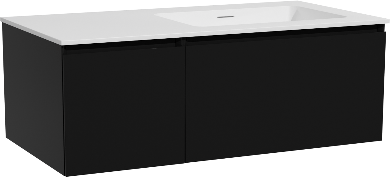 Storke Edge zwevend badmeubel 100 x 52 cm mat zwart met Mata asymmetrisch rechtse wastafel in solid surface mat wit