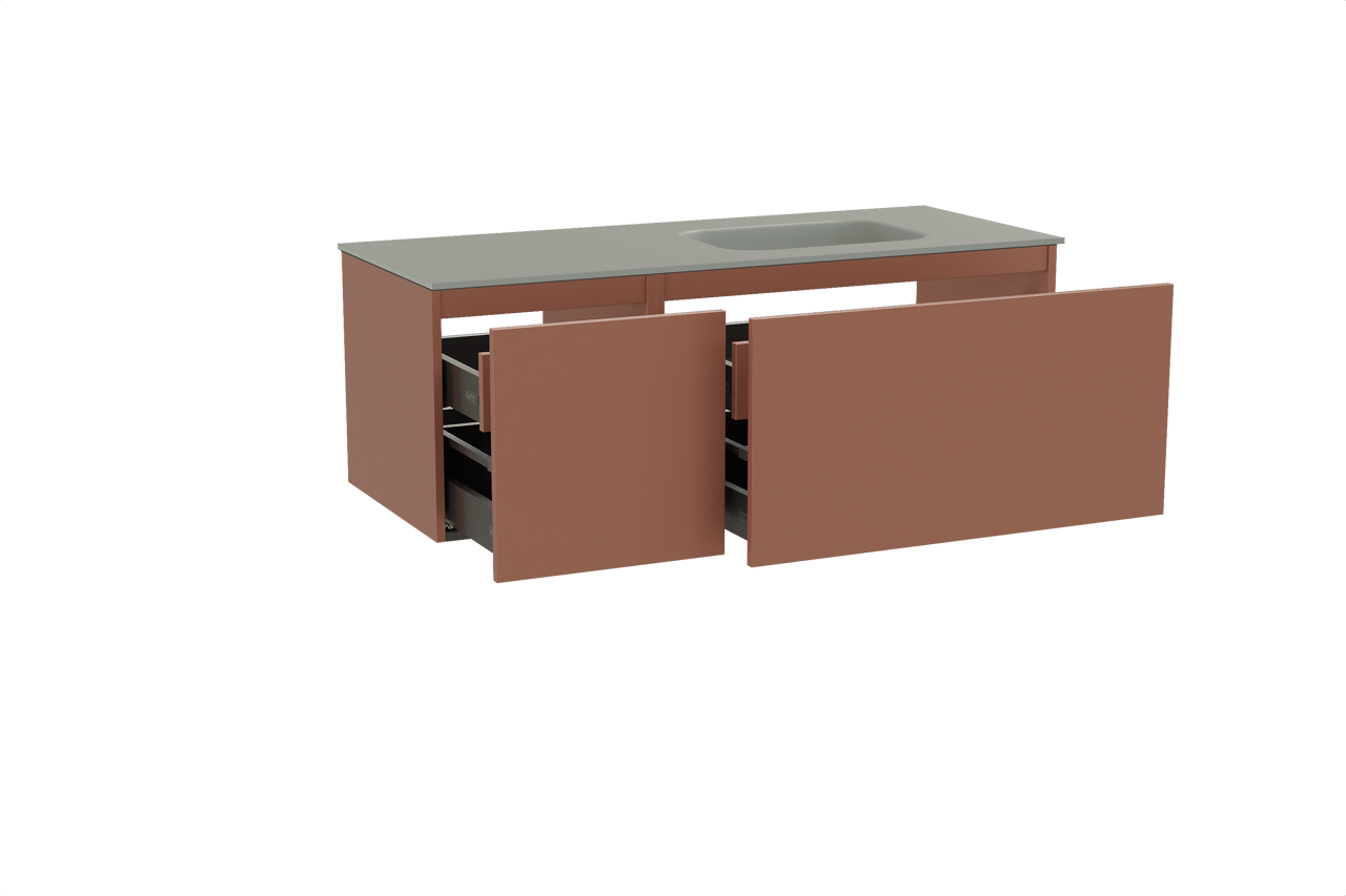 Balmani Sfera meuble salle de bains suspendu 135 x 55 cm cotto avec Tablo Arcato plan vasque asymétrique à droite en solid surface gris pierre