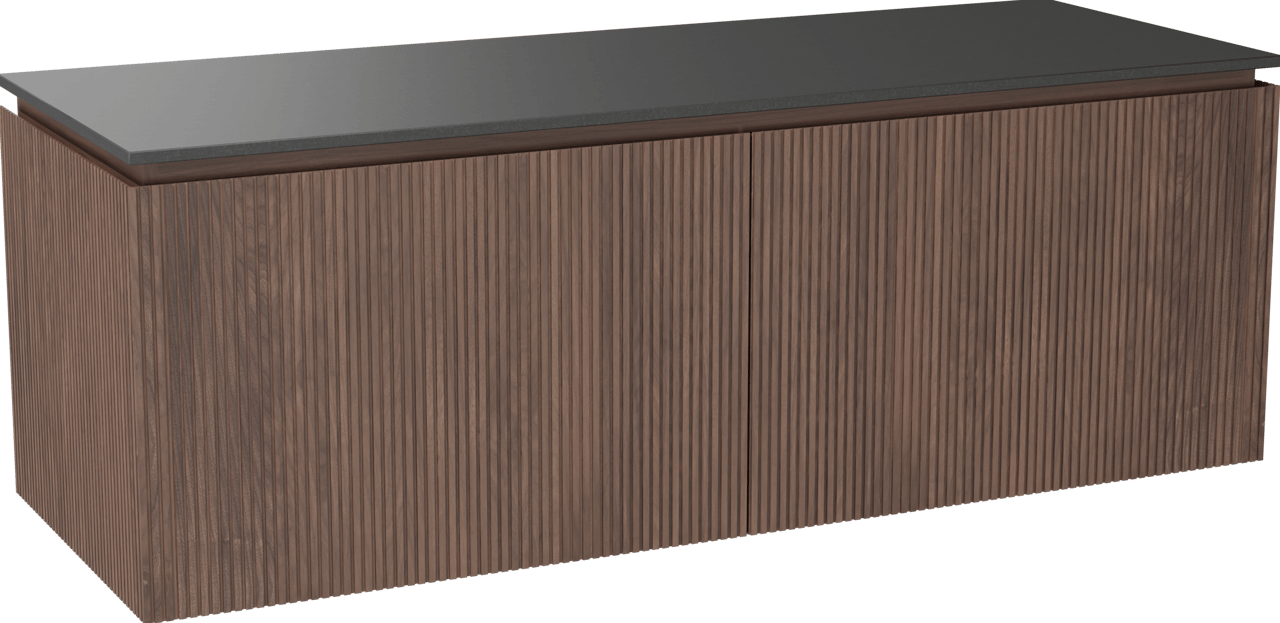 Balmani Eclips hängendes Möbelstück Set: 150 x 55 cm, Amerikanischer Nussbaum, mit Stretto Einzel- oder Doppel Waschtischplatte Granit poliert, Vertikale symmetrische gerade Rippe