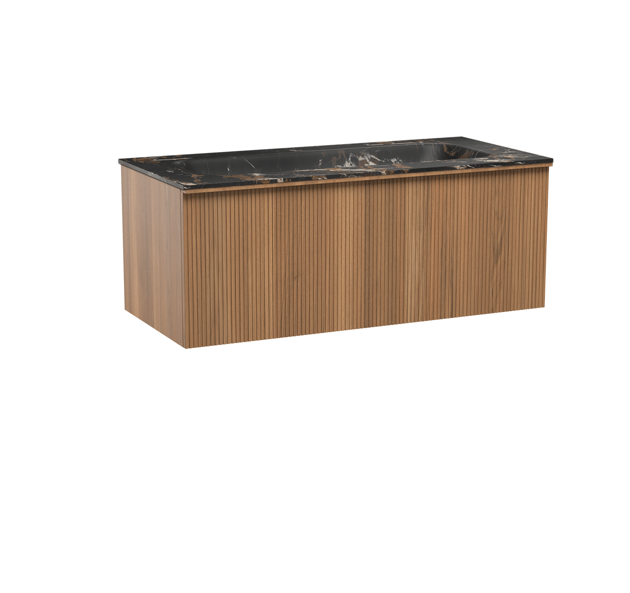 Balmani Forma hängendes Möbelstück Set: 120 x 55 cm, Teak, mit Tablo Arcato Einzelwaschtisch für 2 Armaturenlöcher, Marmor, Portoro Gold, Vertikale symmetrische gerade Rippe