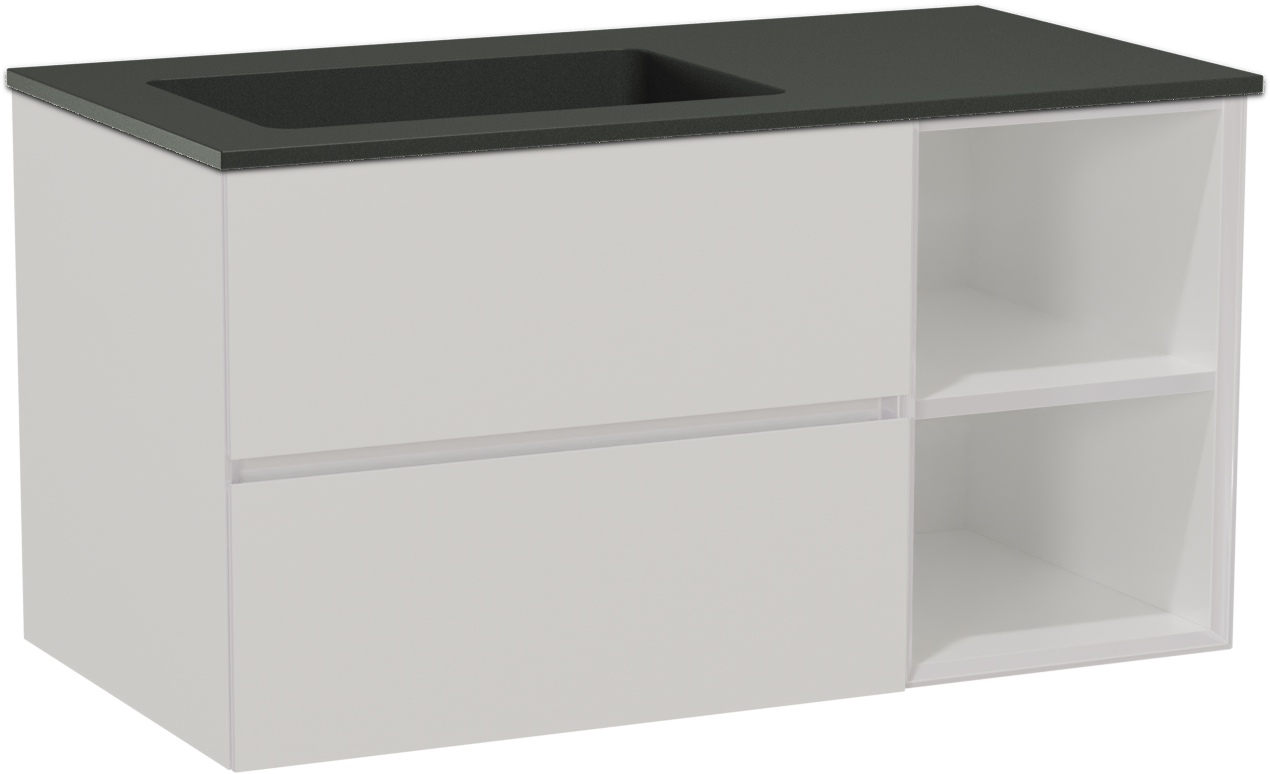 Storke Edge zwevend badmeubel 100 x 52 cm hoogglans wit met Scuro asymmetrisch linkse wastafel in kwarts mat zwart