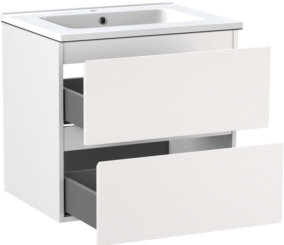 Linie Lado meuble salle de bains suspendu 60 x 46 cm blanc mat avec Vano plan simple en marbre composite blanc brillant