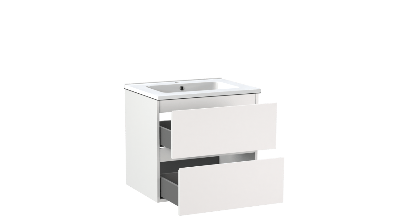 Linie Lado meuble salle de bains suspendu 60 x 46 cm blanc mat avec Vano plan simple en marbre composite blanc brillant