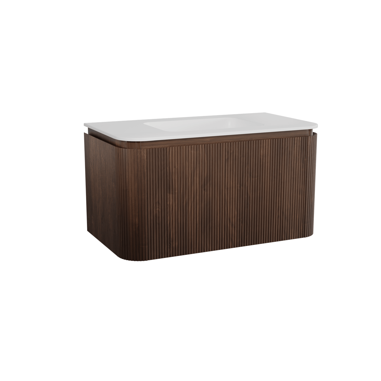 Balmani Moon hängendes Möbelstück Set: 100 x 55 cm, Amerikanischer Nussbaum, mit Moon Einzelwaschtisch, Solid Surface, Weiß matt, Vertikale symmetrische gerade Rippe