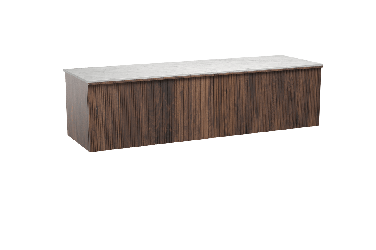 Balmani Forma meuble salle de bains suspendu 180 x 55 cm noyer américain avec Stretto tablette simple ou double en marbre carrare, Nervure droite symétrique verticale