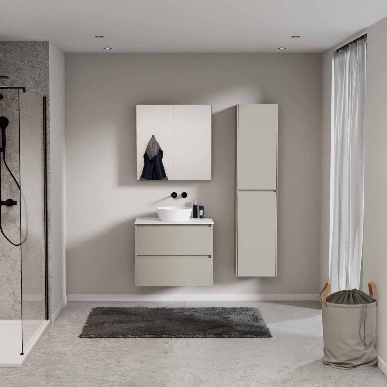 Storke Seda meuble salle de bains suspendu 75 x 52 cm soie grise avec Tavola tablette simple en solid surface blanc mat