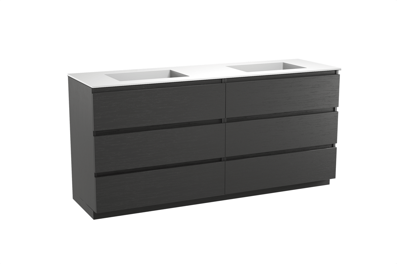 Balmani Lucida freistehendes Möbelstück Set: 180 x 55 cm, Schwarze Eiche, mit Tablo Stretto Doppelwaschtisch, Solid Surface Weiß matt