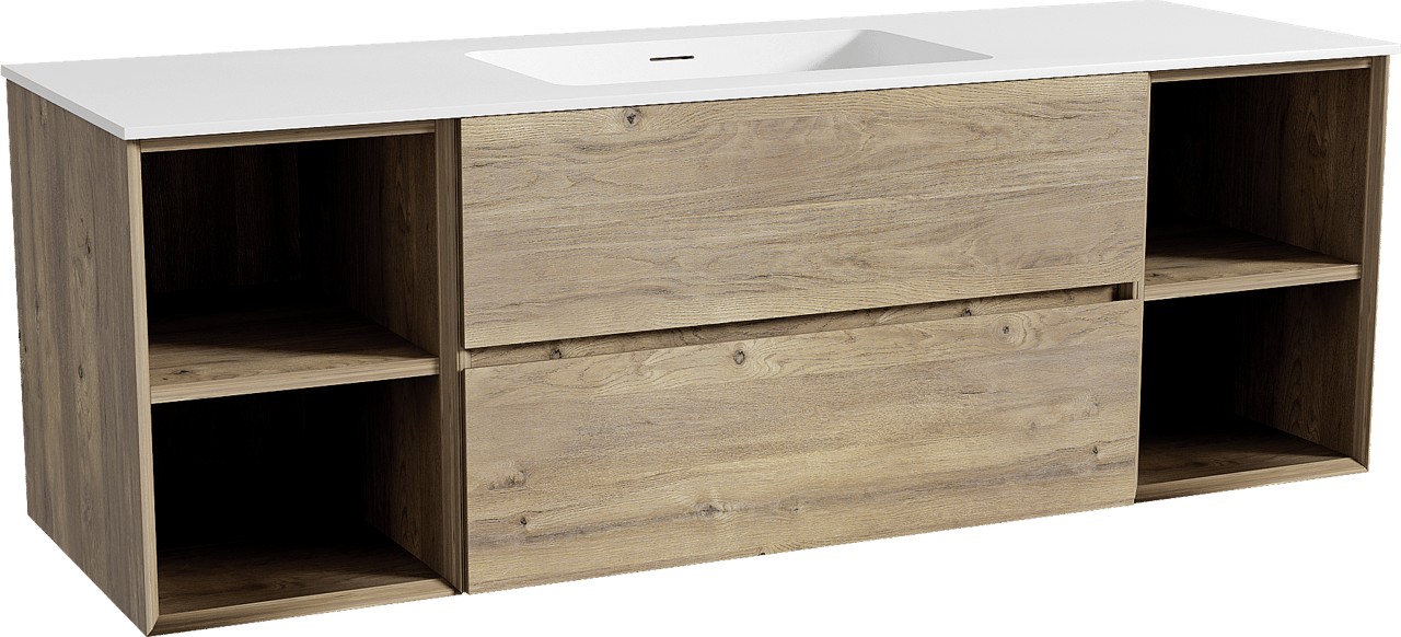 Storke Edge zwevend badmeubel 155 x 52 cm ruw eiken met Mata enkele wastafel in solid surface mat wit