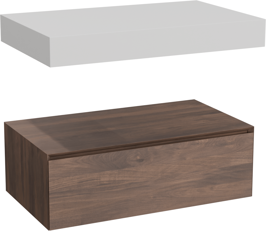 Balmani Mitra Elements meuble salle de bains suspendu 90 x 55 cm noyer américain avec Modus tablette simple en solid surface blanc mat