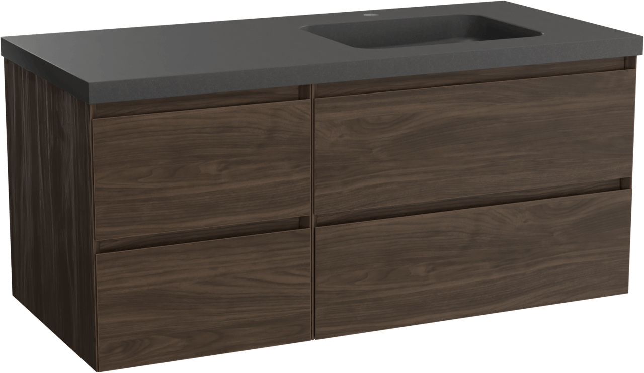 Balmani Mitra hängendes Möbelstück Set: 120 x 55 cm, Amerikanischer Nussbaum, mit Napoli Waschtisch rechts, Schwarzes Granit
