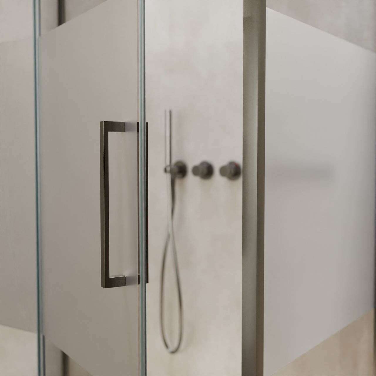 Balmani Senses Design douche en coin avec porte pivotante à gauche et paroi latérale fixe, 100 x 100 cm, Verre transparent avec bande matte, Profil Brushed GunMetal, coating inclus