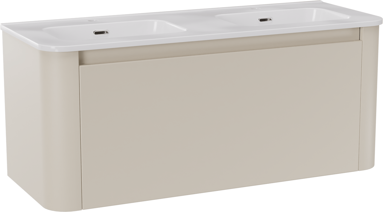Storke Soft meuble salle de bains suspendu 120 x 46 cm Sand mat avec Kera Soft double vasque en porcelaine blanc brillant