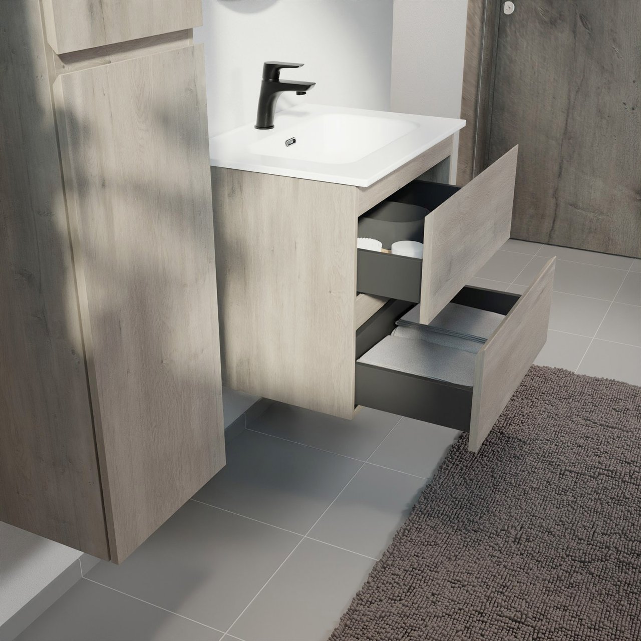 Linie Lado meuble salle de bains suspendu 60 x 46 cm chêne gris avec Baro plan simple en porcelaine blanc brillant