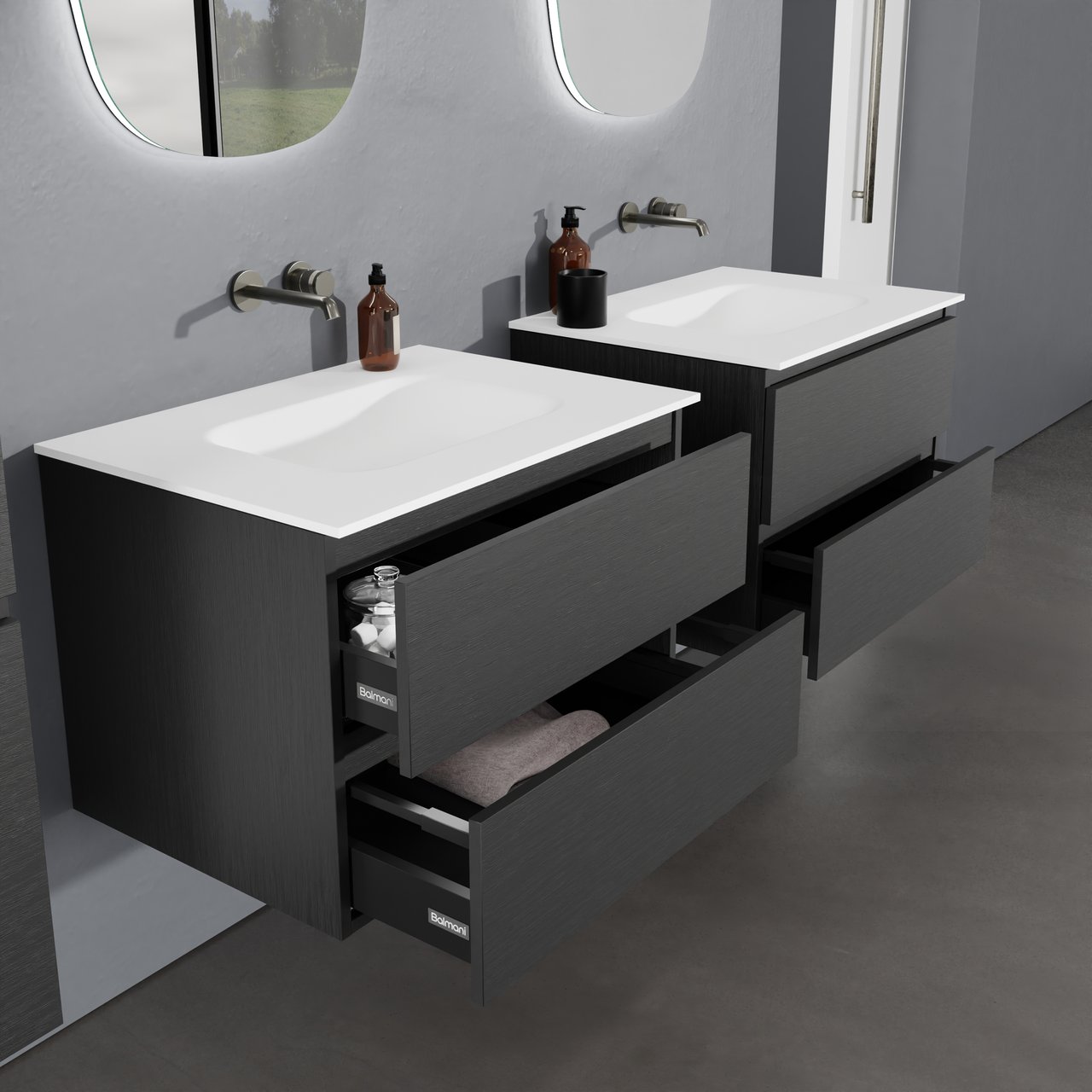 Balmani Lucida zwevend badkamermeubel 75 x 55 cm zwarte eik met Tablo Arcato enkele wastafel in solid surface mat wit