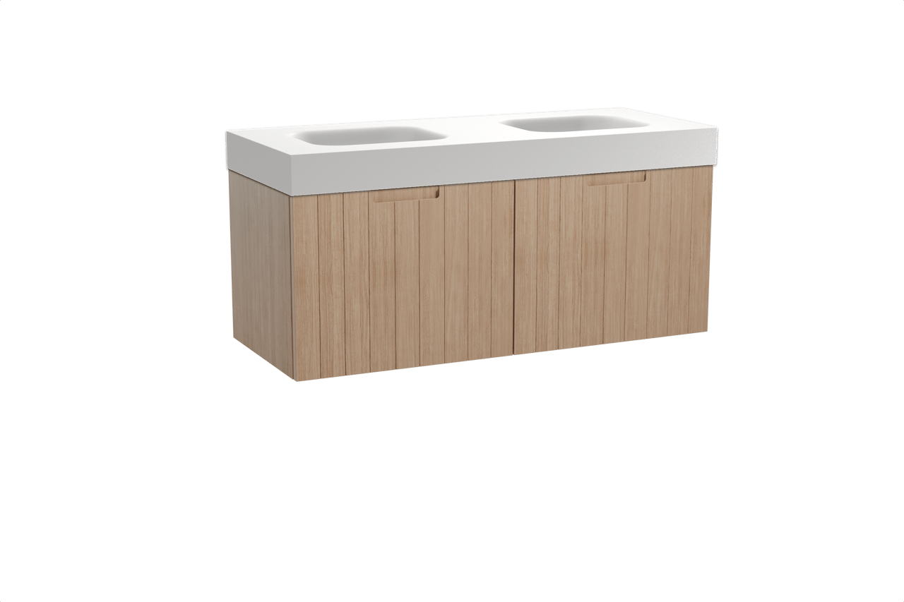 Balmani Adagio hängendes Möbelstück Set: 135 x 55 cm, Verwitterte Eiche, mit Arcato Doppelwaschtisch, Solid Surface Weiß matt