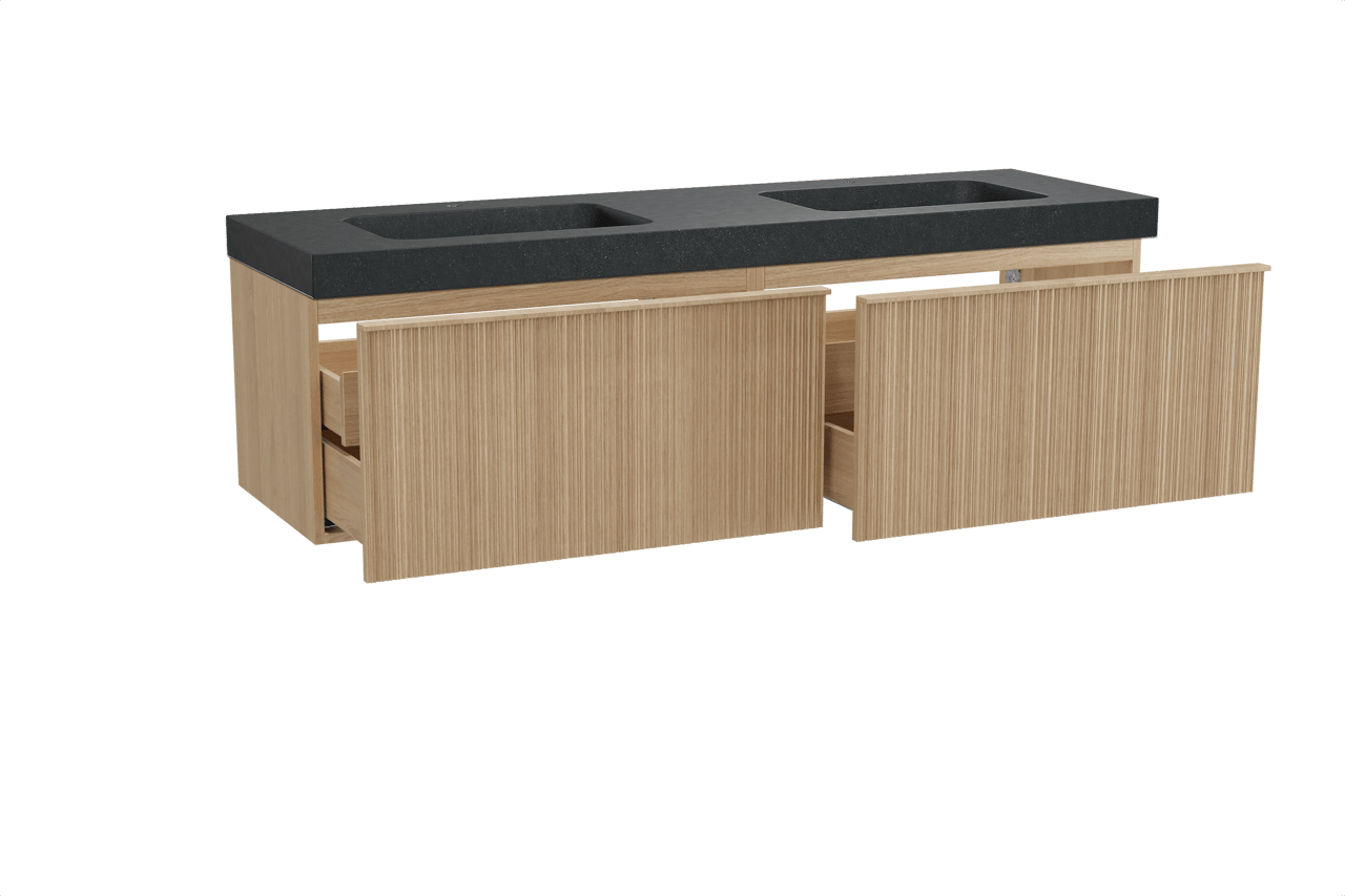 Balmani Forma hängendes Möbelstück Set: 180 x 55 cm, Naturbelassene Eiche, mit Napoli Doppelwaschtisch, Granit, Schwarzes Granit, Vertikale asymmetrische Runde Rippe