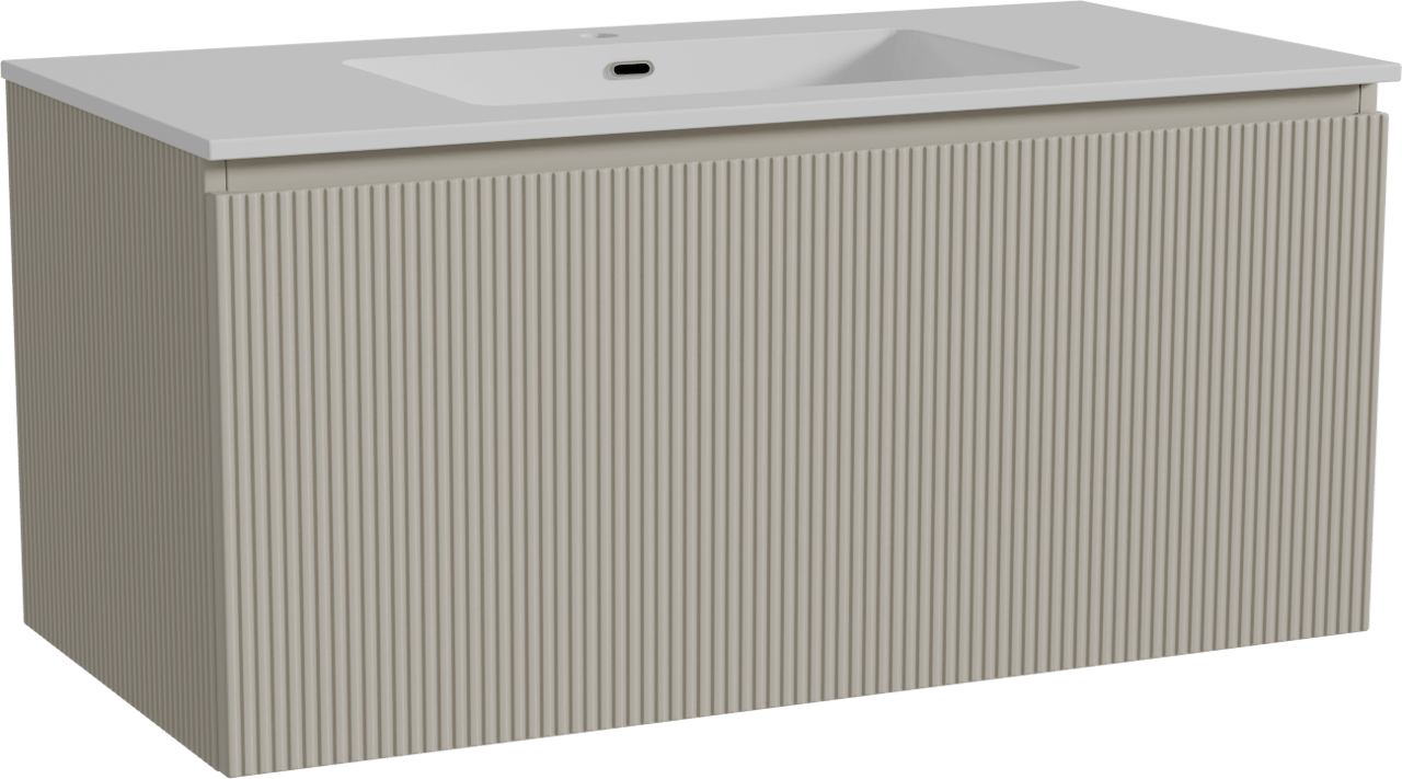 Storke Ribs hängendes Möbelstück Set: 105 x 52 cm, Seidengrau, mit Diva Einzelwaschtisch, Marmorkomposit, Weiß glänzend, Vertikale symmetrische gerade Rippe