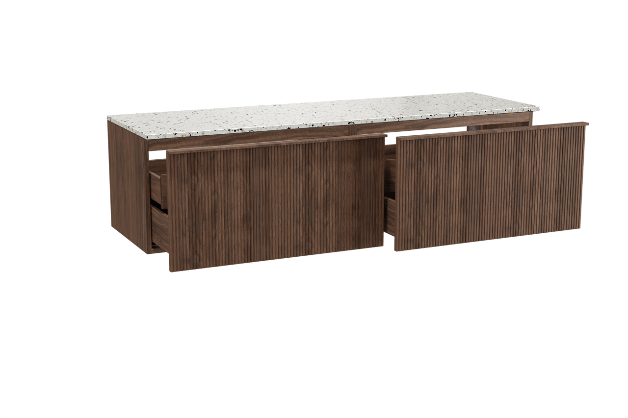 Balmani Forma hängendes Möbelstück Set: 180 x 55 cm, Amerikanischer Nussbaum, mit Stretto Einzel- oder Doppel Waschtischplatte, Terrazzo in Weiß/Schwarz matt, Vertikale symmetrische gerade Rippe