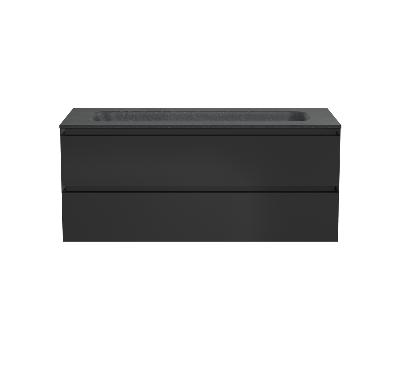 Balmani Mitra hängendes Möbelstück Set: 120 x 55 cm, Schwarz matt, mit Tablo Arcato Einzelwaschtisch für 2 Armaturenlöcher, Schwarzes Granit