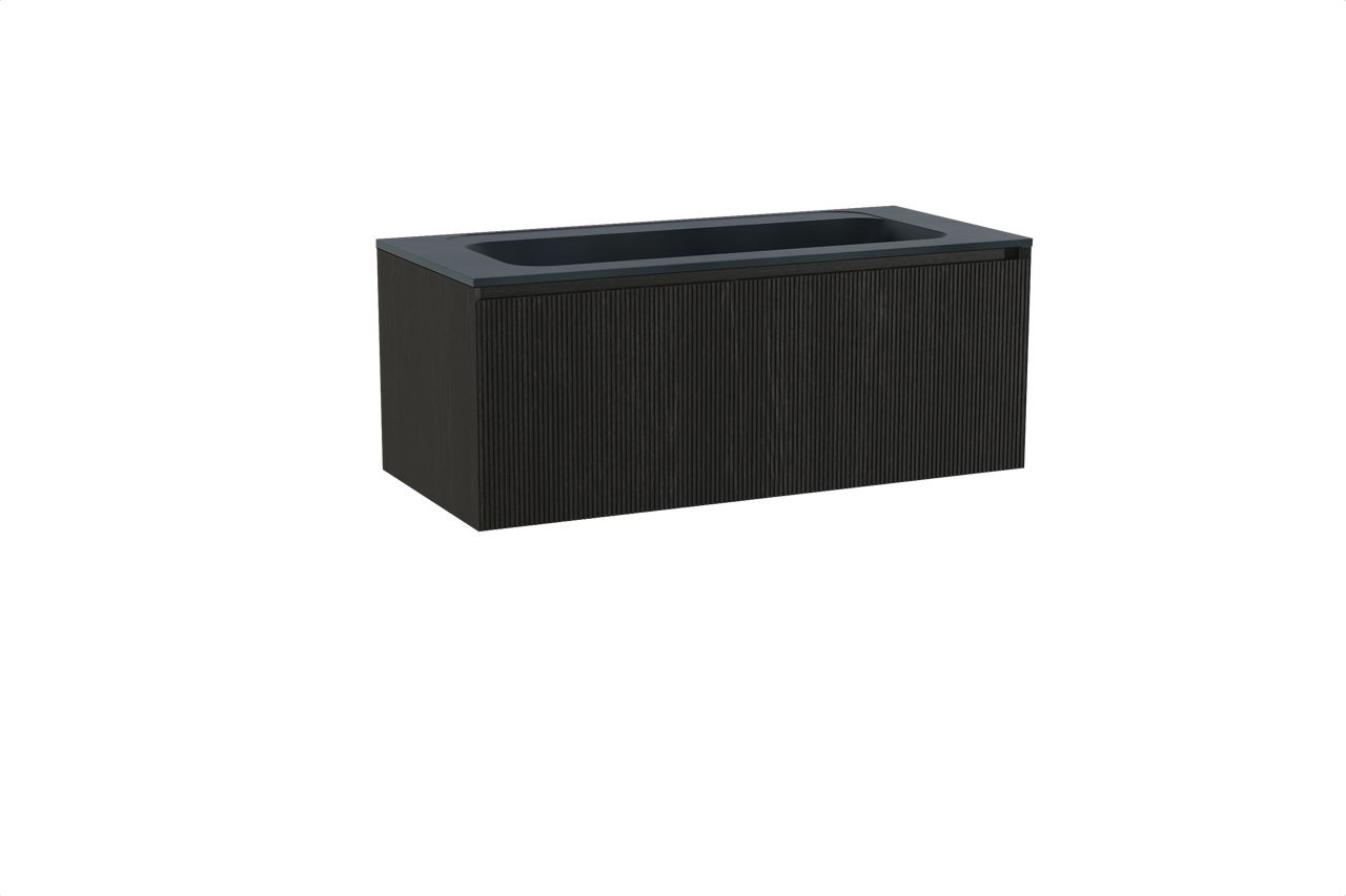 Balmani Fila zwevend badkamermeubel 120 x 55 cm zwarte eik met Tablo Strada enkele wastafel voor 2 kraangaten in composietmarmer mat zwart, Verticale symmetrische rechte ribbel