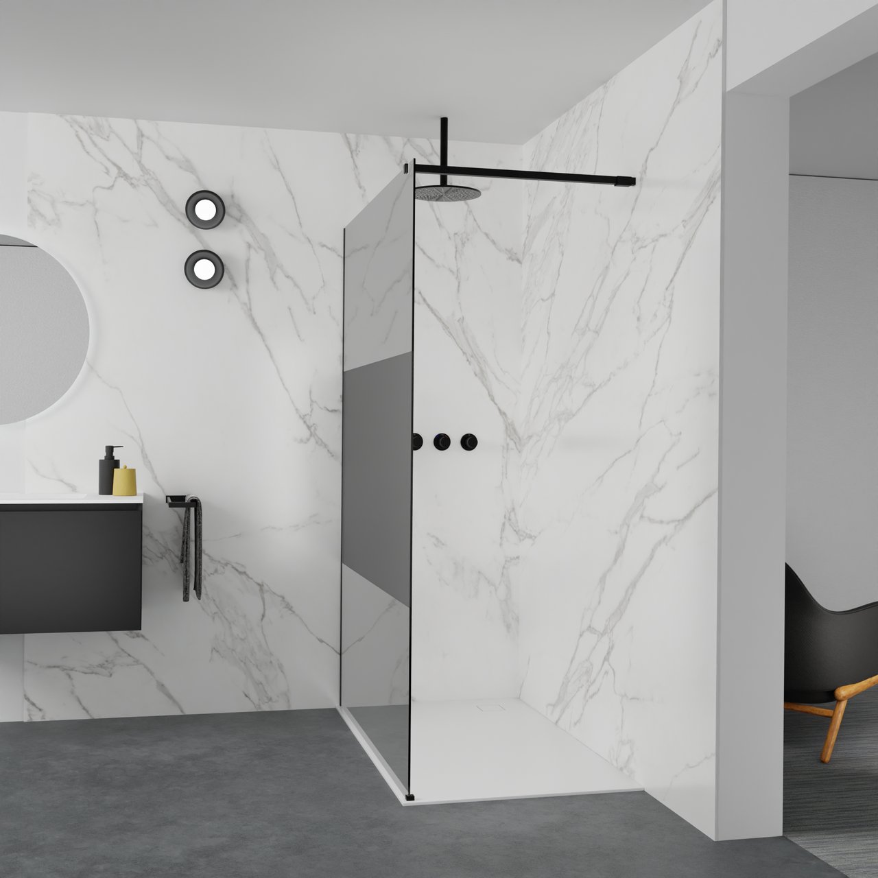 Balmani Modular inloopdouche: 140 x 200 cm, Rookglas met matte strook met coating, Mat zwarte profielen