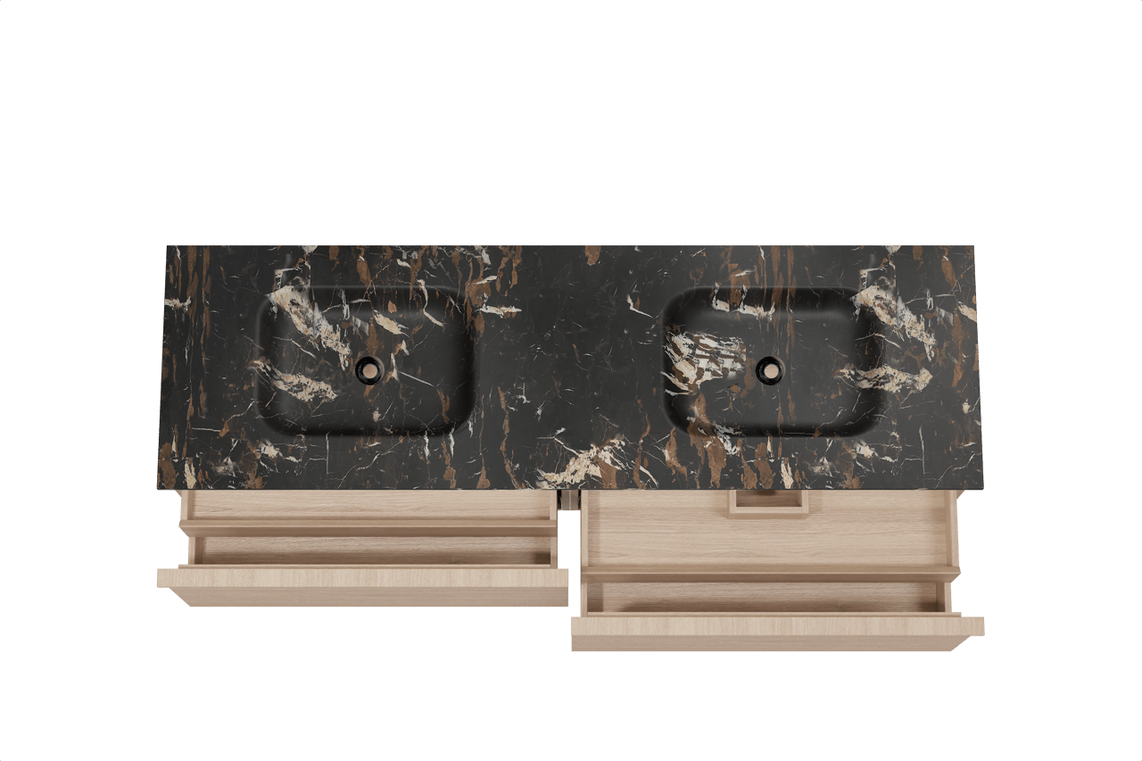 Balmani Forma hängendes Möbelstück Set: 180 x 55 cm, Naturbelassene Eiche, mit Tablo Arcato Doppelwaschtisch, Marmor, Portoro Gold, Horizontale symmetrische gerade Rippe