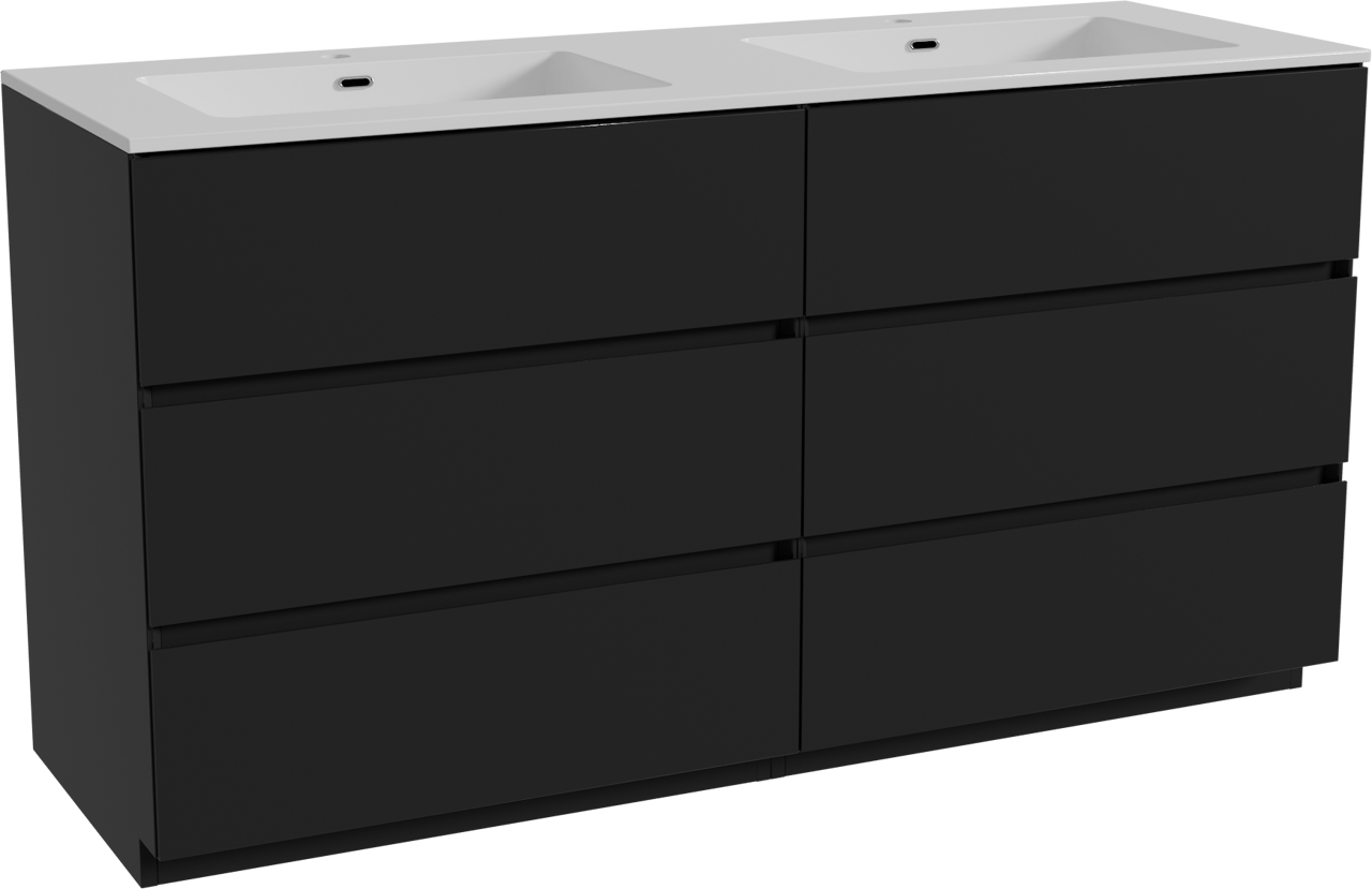 Storke Edge staand badmeubel 150 x 52 cm mat zwart met Diva dubbele wastafel in composietmarmer hoogglans wit