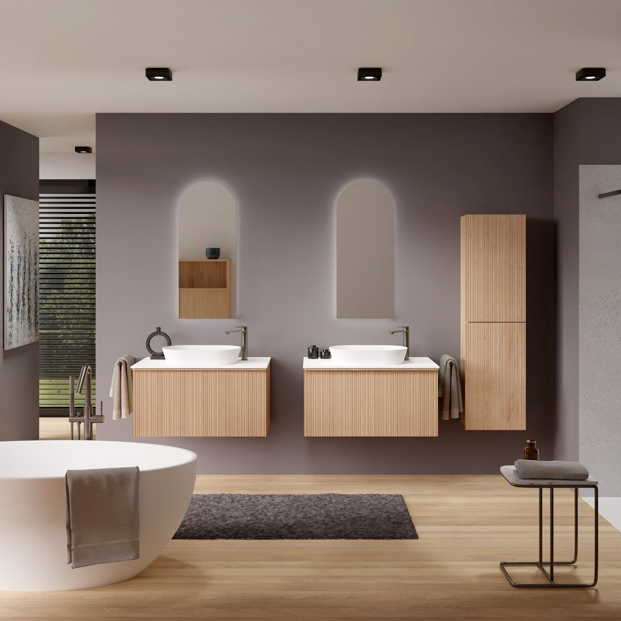 Balmani Forma meuble salle de bains suspendu 90 x 55 cm chêne naturel avec Stretto tablette simple en solid surface blanc mat, Nervure circulaire asymétrique verticale