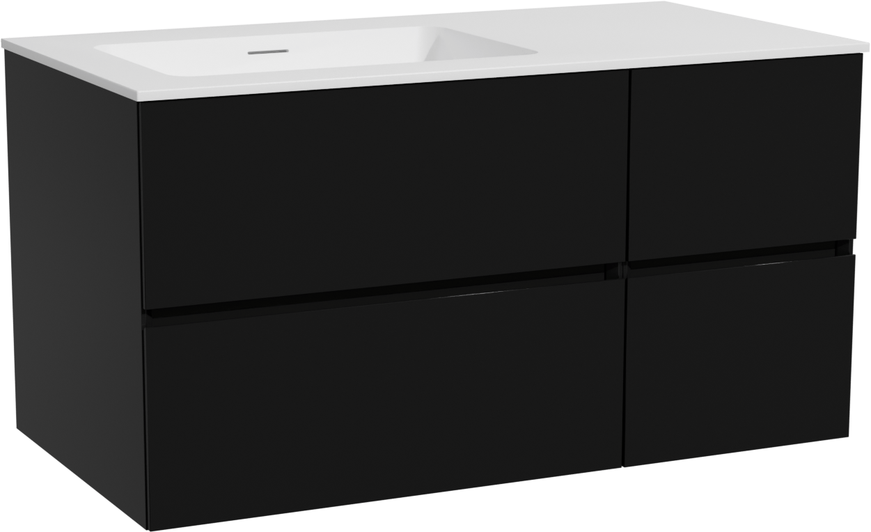 Storke Edge hängendes Möbelstück Set: 100 x 52 cm, Schwarz matt, mit Mata Waschtisch links, Solid Surface Weiß matt