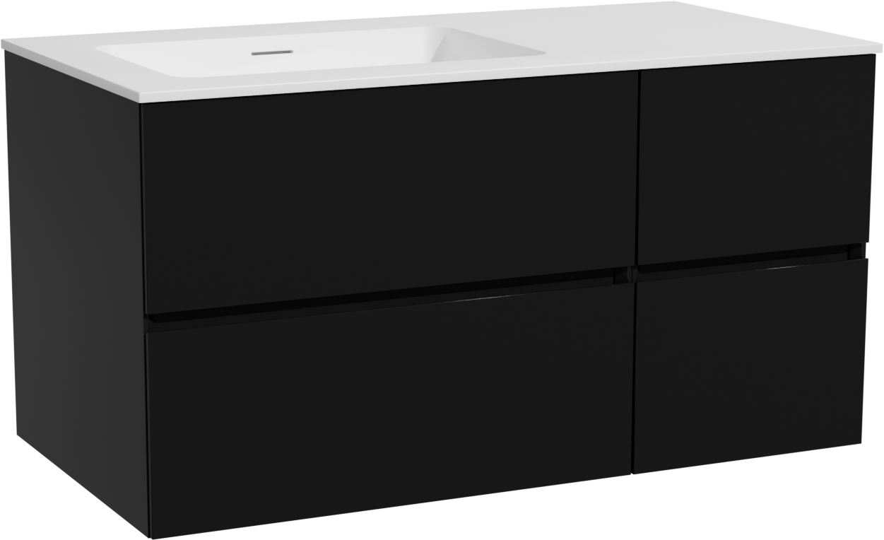 Storke Edge zwevend badmeubel 100 x 52 cm mat zwart met Mata asymmetrisch linkse wastafel in solid surface mat wit