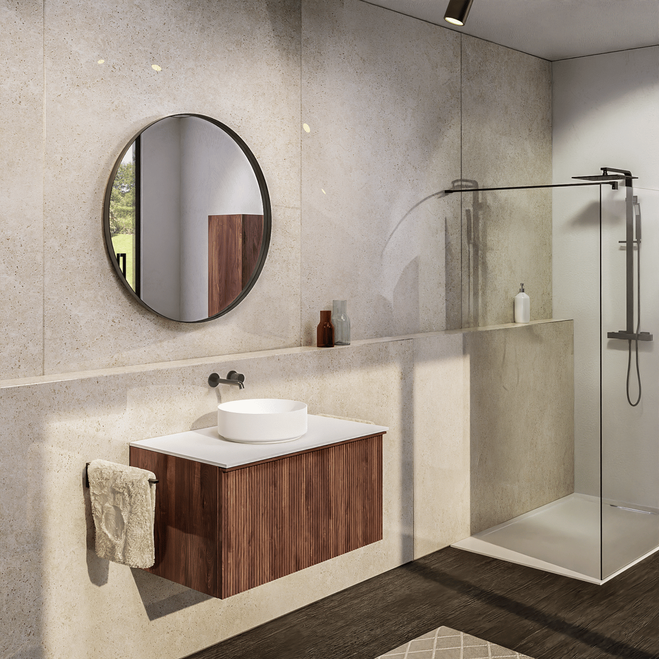 Balmani Giro Round Badspiegel: Rund, Brushed Gunmetal, Ø 90 cm