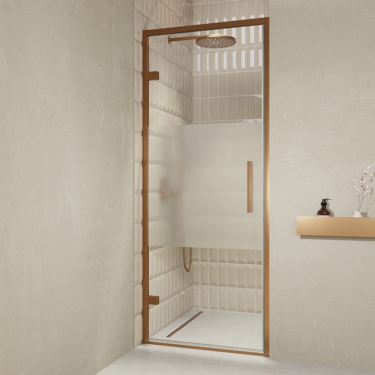 Balmani Senses Design porte pivotante à gauche 90 cm x 210 cm verre transparent avec bande matte, Profil Brushed Rosegold, coating inclus