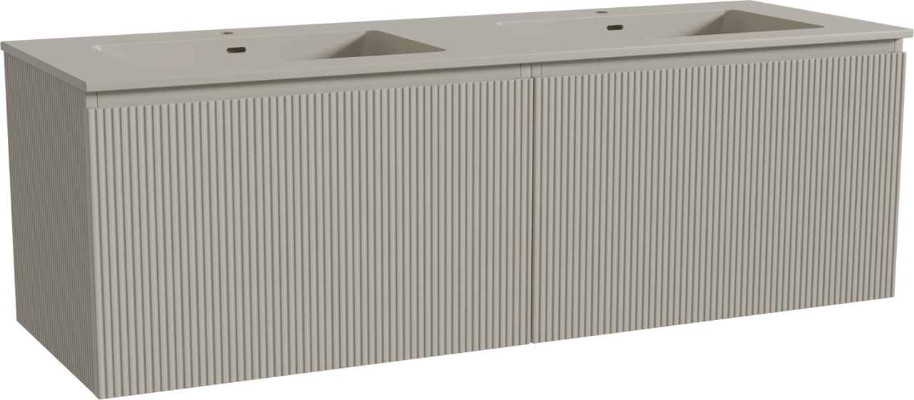 Storke Ribs zwevend badkamermeubel 150 x 52 cm zijdegrijs met Diva dubbele wastafel in top solid zijdegrijs, Verticale symmetrische rechte ribbel