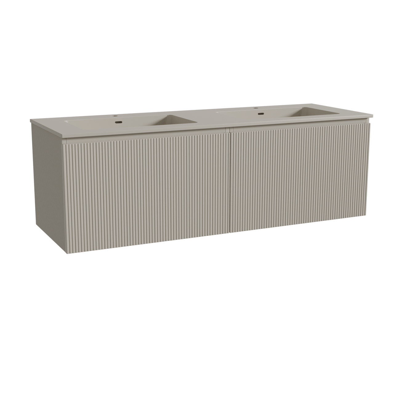 Storke Ribs zwevend badmeubel 150 x 52 cm zijdegrijs met Diva dubbele wastafel in top solid zijdegrijs, Verticale symmetrische rechte ribbel