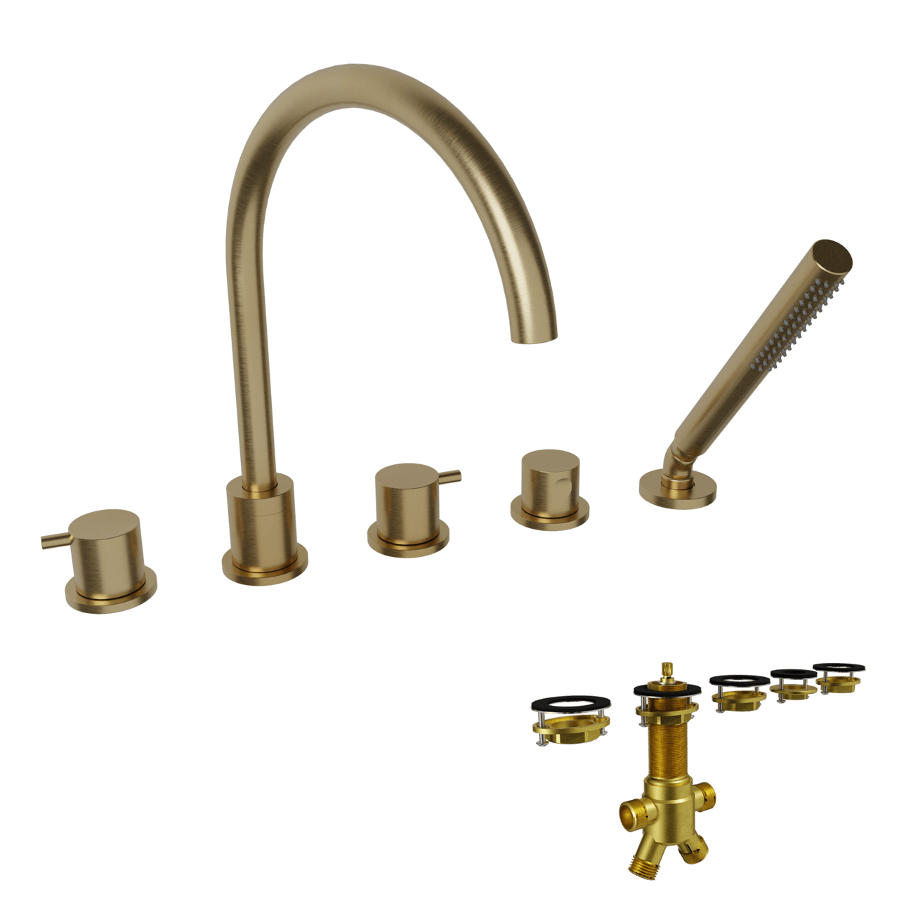Blaufoss Round 5 trous Robinet de baignoire sur gorge Brushed Gold set douchette incl.
