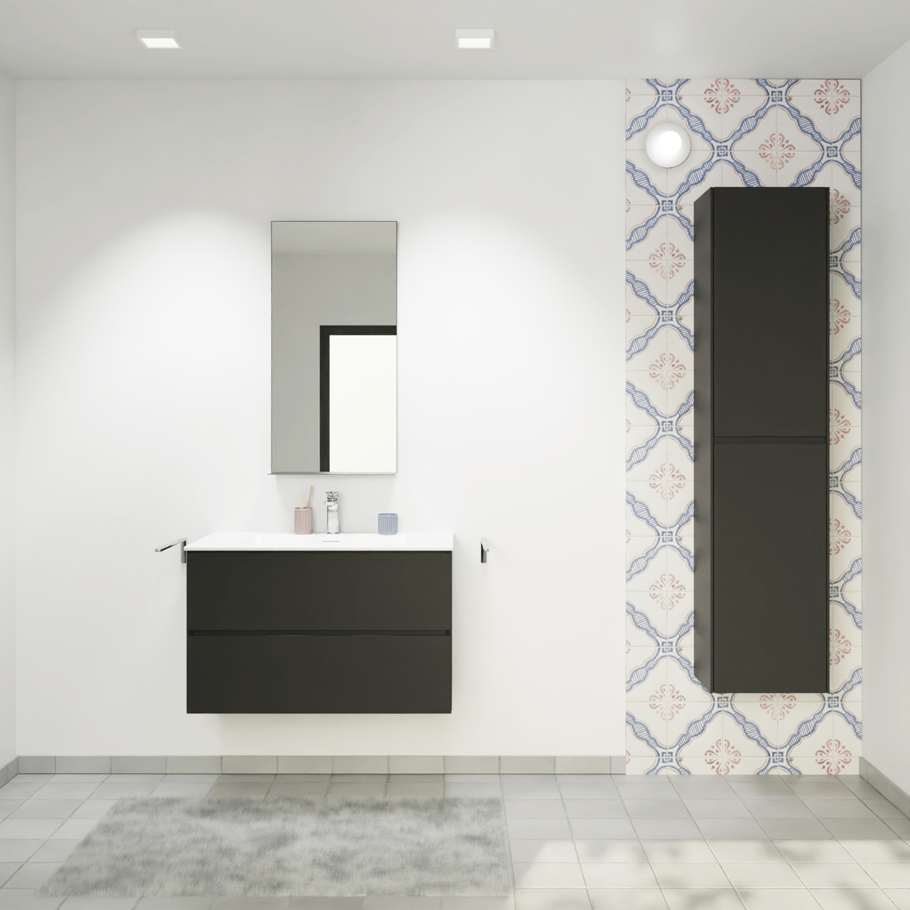 Storke Edge hängendes Möbelstück Set: 85 x 52 cm, Schwarz matt, mit Mata Einzelwaschtisch, Solid Surface Weiß matt