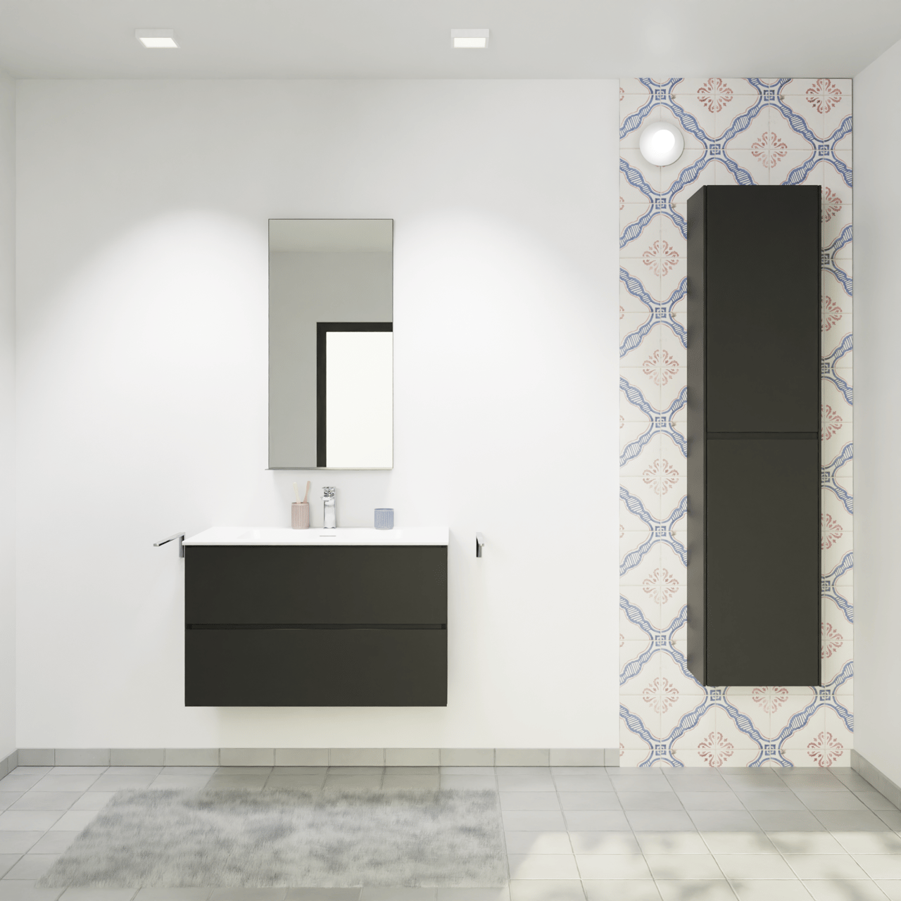 Storke Edge zwevend badmeubel 85 x 52 cm mat zwart met Mata enkele wastafel in solid surface mat wit