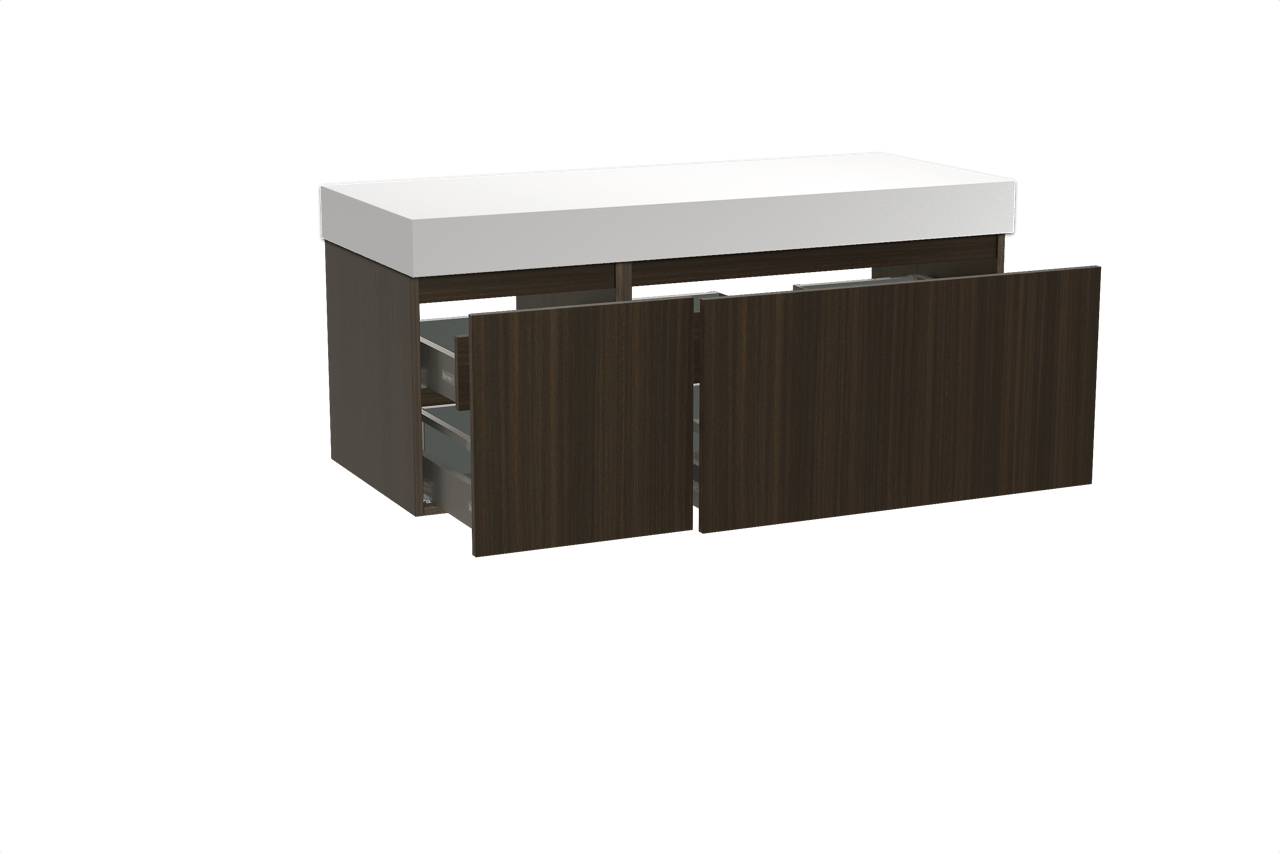 Balmani Sfera zwevend badmeubel 135 x 55 cm eucalyptus met Dominus enkel of dubbel wastafelblad in solid surface mat wit