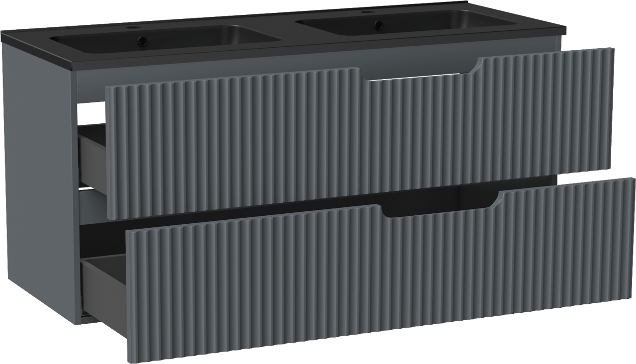 Linie Ribbo meuble salle de bains suspendu 120 x 46 cm bleu anthracite avec Vano double vasque en marbre composite noir mat, Nervure circulaire symétrique verticale