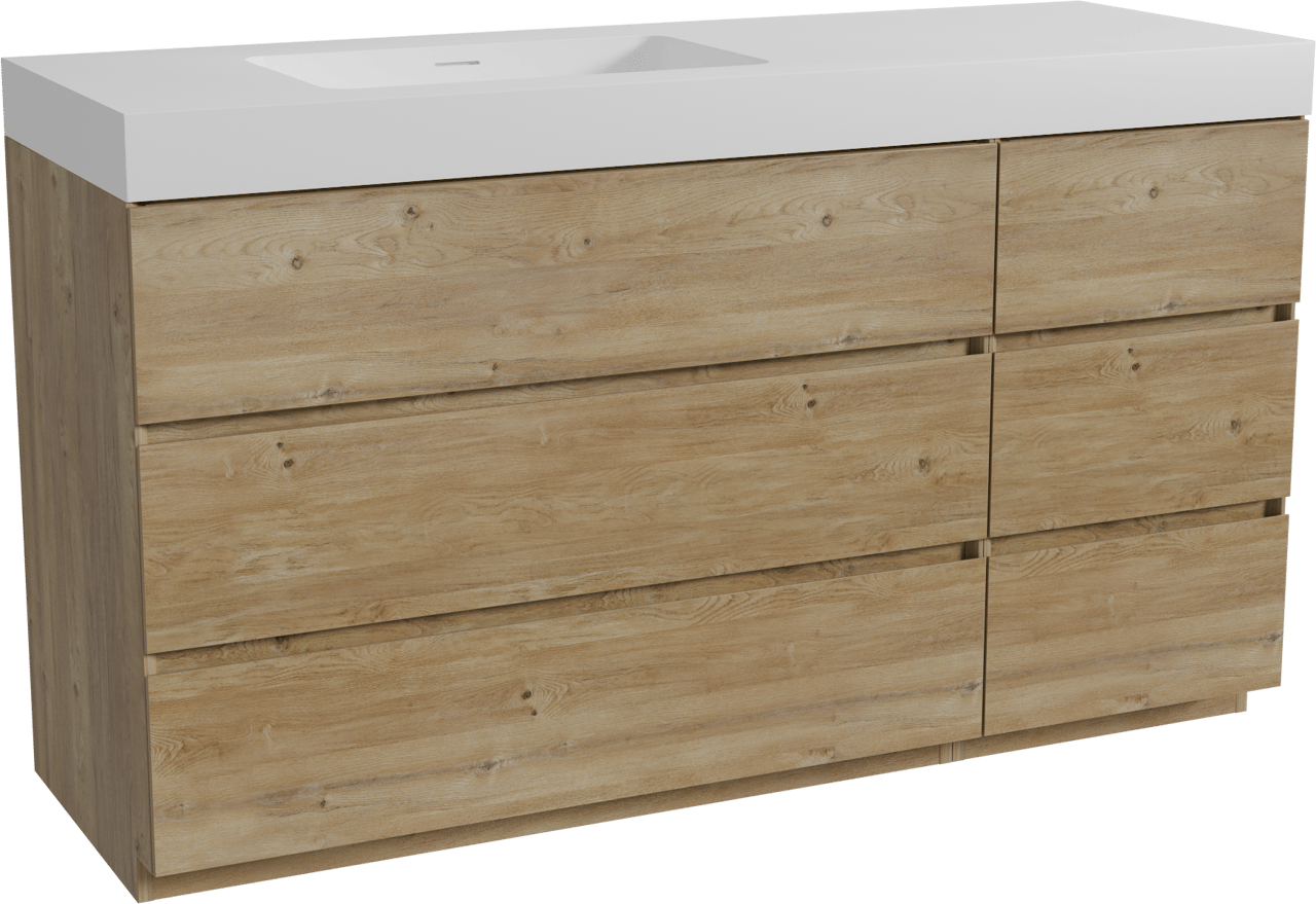 Storke Edge staand badmeubel 150 x 52 cm ruw eiken met Mata High asymmetrisch linkse wastafel in solid surface mat wit