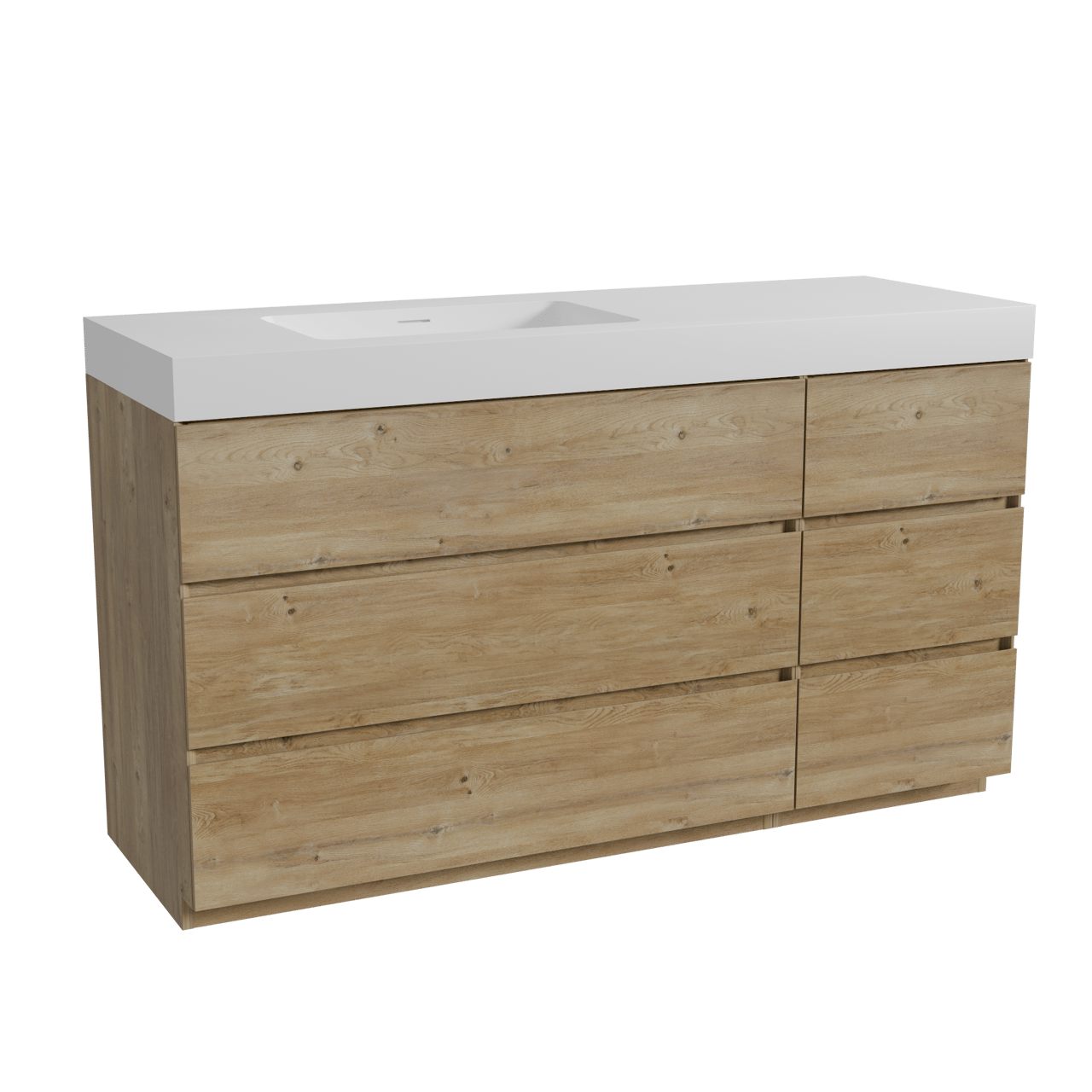 Storke Edge freistehendes Möbelstück Set: 150 x 52 cm, Rohe Eiche, mit Mata High Waschtisch links, Solid Surface Weiß matt