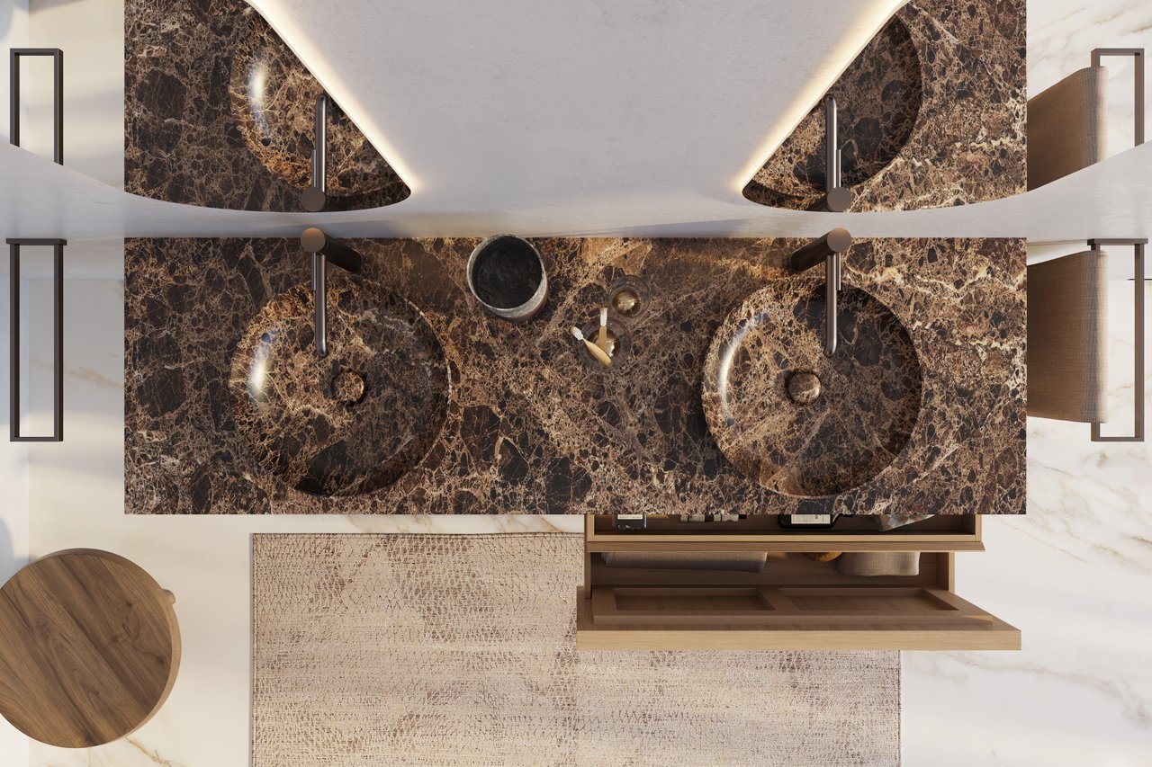 Balmani Still Aufsatzwaschbecken: Marmor Dark Emperador, rund, Ø 38 cm