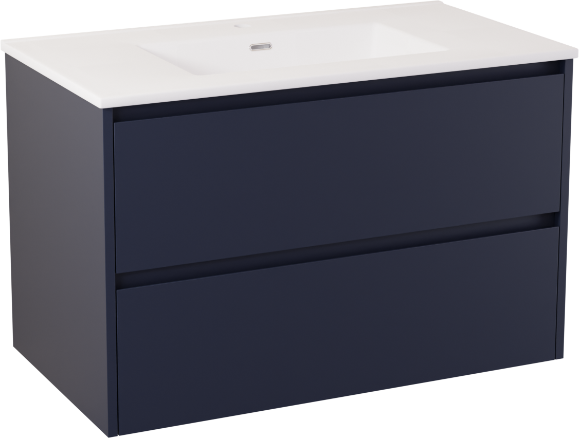 Storke Seda hängendes Möbelstück Set: 95 x 52 cm, Nachtblau, mit Kera Doppelwaschtisch, Keramik Weiß matt, inklusive Ablaufventil