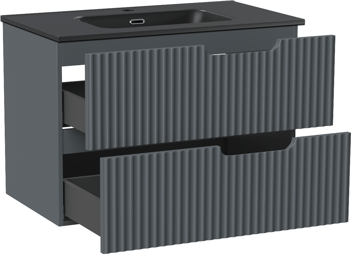 Linie Ribbo zwevend badmeubel 80 x 46 cm blauw antraciet met Baro enkele wastafel in porselein mat zwart, Verticale symmetrische ronde ribbel