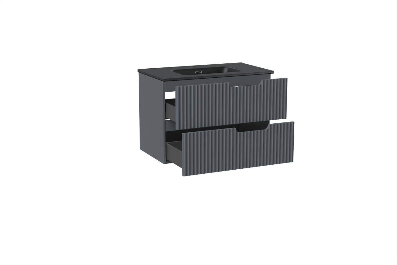 Linie Ribbo meuble salle de bains suspendu 80 x 46 cm bleu anthracite avec Baro plan simple en porcelaine noir mat, Nervure circulaire symétrique verticale