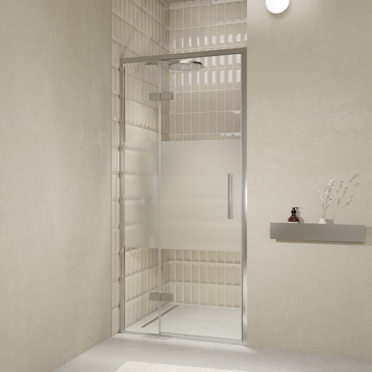 Balmani Senses Design porte pivotante à gauche 100 cm x 210 cm verre transparent avec bande matte, Profil chrome