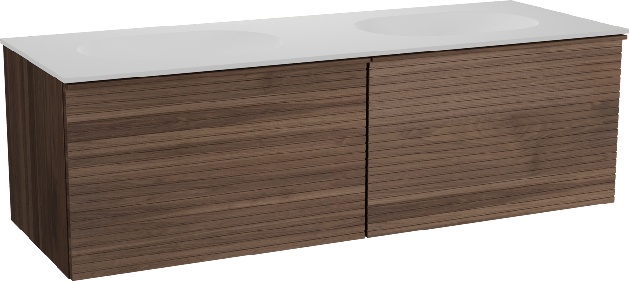 Balmani Forma meuble salle de bains suspendu 150 x 55 cm noyer américain avec Tablo Oval double vasque en solid surface blanc mat, Nervure droite symétrique horizontale